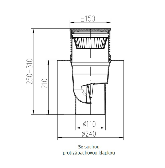 Chuděj - Vpusť kanalizační KVS 110 S Li s litinovou mřížkou 150 x 150 mm, spodní odpad 110 mm, suchá klapka - Image 2